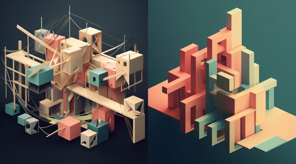 Two abstract 3D illustrations of stacks of blocks - the left one is messy and chaotic and the right one is clean and elegant while still being complex